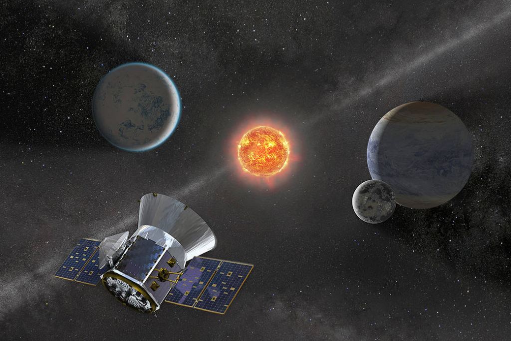 Illustration of NASA's Transiting Exoplanet Survey Satellite observing an M dwarf star with orbiting planets. Image Credit: NASA's Goddard Space Flight Center.