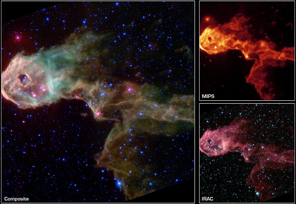 NASA's Spitzer Space Telescope first light images was of a glowing stellar nursery within a dark globule that is opaque at visible light. These new images pierce through the obscuration to reveal the birth of new protostars, or embryonic stars, and young stars never before seen...The Elephant's Trunk Nebula is an elongated dark globule within the emission nebula IC 1396 in the constellation of Cepheus. Located at a distance of 2,450 light-years, the globule is a condensation of dense gas that is barely surviving the strong ionizing radiation from a nearby massive star. Image Credit: NASA/Spitzer