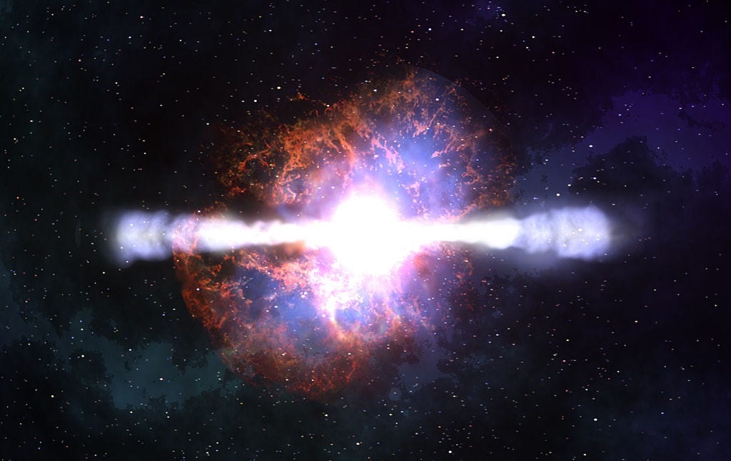 Artist's impression of a supernova. When a star more massive than our Sun reaches the end of its life, it can explode as a supernova. The diminished fusion in its core can no longer support the star's mass, and the star's own gravity causes the core to collapse, and the star to explode. Credit: NASA