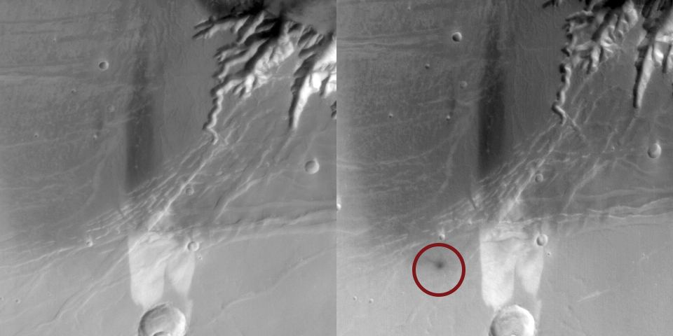 Before and after images of the crater site. Image Credit: NASA/JPL/UofArizona