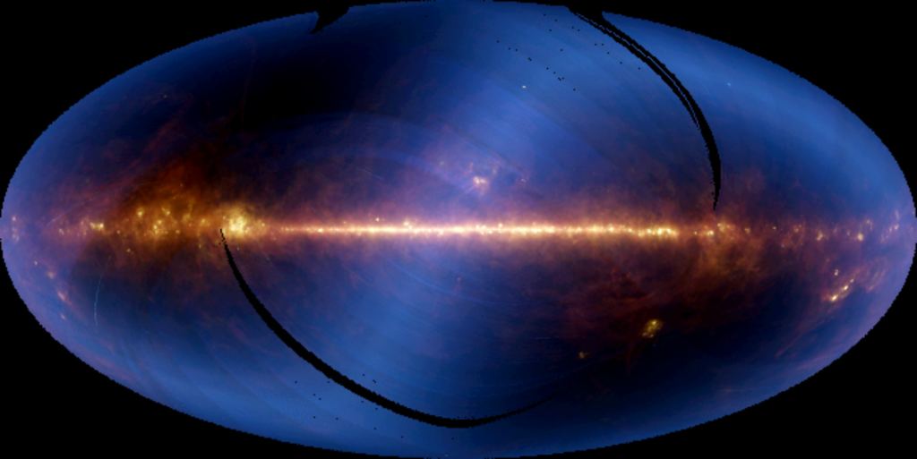 This all-sky image is from IRAS, and represents six months of data. The black streaks are areas that were not imaged. It shows the plane of the Milky Way, with the galactic core in the center. The colors are different wavelengths of infrared: blue is 12 microns, green is 60 microns, and red is 100 microns. Image Credit: NASA/IRAS/Caltech