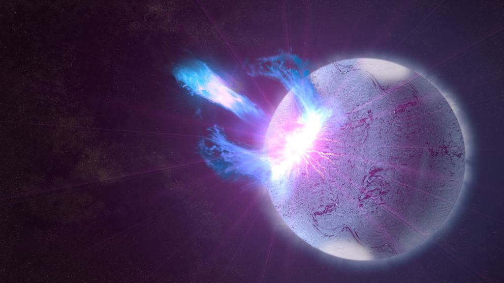 One hypothesized source of Fast Radio Bursts is magnetars, pulsars with extremely strong magnetic fields. In this illustration, magnetar's crust is rupturing, causing a high-energy eruption. Image Credit:  NASA's Goddard Space Flight Center/S. Wiessinger 