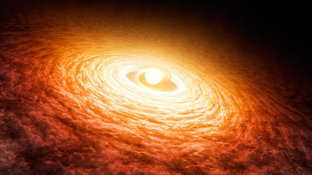 Artist’s impression of one of the two stars in the FU Orionis binary system, surrounded by an accreting disk of material. What has caused this star — and others like it — to dramatically brighten? [NASA/JPL-Caltech]