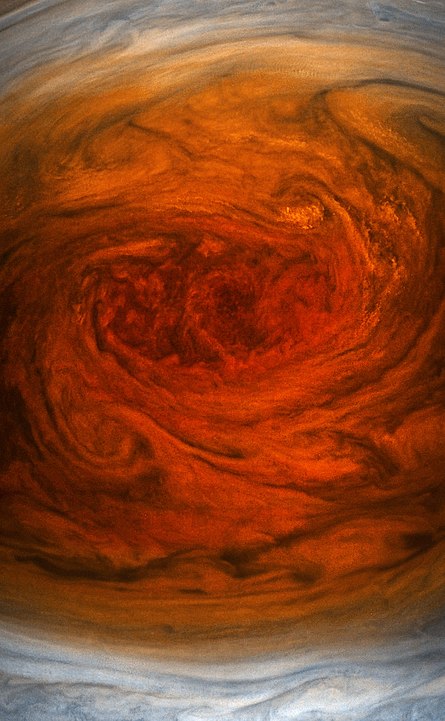 Closeup of the Great Red Spot taken from about 8,000 km (5,000 mi) above it (July 11, 2017). Image Credit:  NASA / SwRI / MSSS / Gerald Eichstädt / Seán Doran 