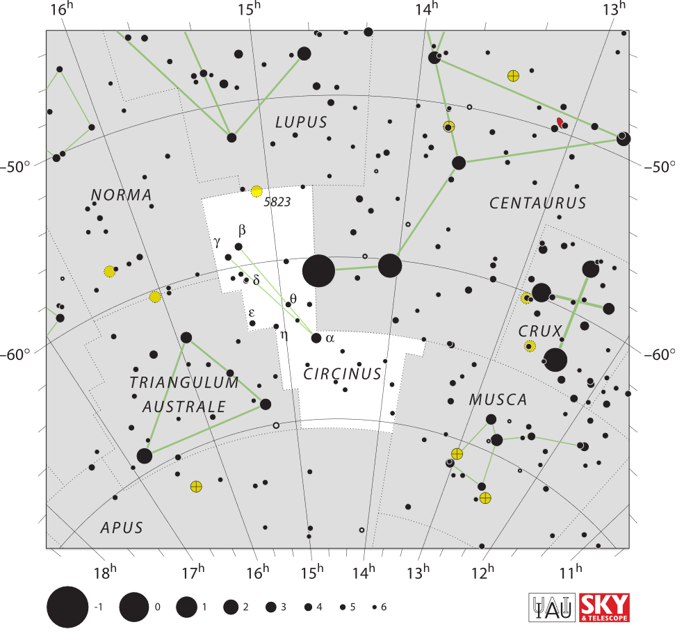 Circinus is a small dim constellation in the southern sky. By IAU and Sky & Telescope magazine (Roger Sinnott & Rick Fienberg) - [1], CC BY 3.0, https://commons.wikimedia.org/w/index.php?curid=15406351
