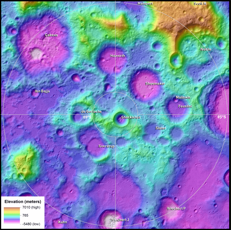 <Click to enlarge.> An elevation map of the lunar south pole from the LSPA. Image Credit: Lunar Planetary Institute.