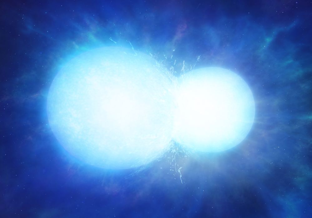 An artist’s impression of two white dwarfs in the process of merging. Depending on the combined mass, the system may explode in a thermonuclear supernova, or coalesce into a single heavy white dwarf, as with WDJ0551+4135. Image: Copyright University of Warwick/Mark Garlick