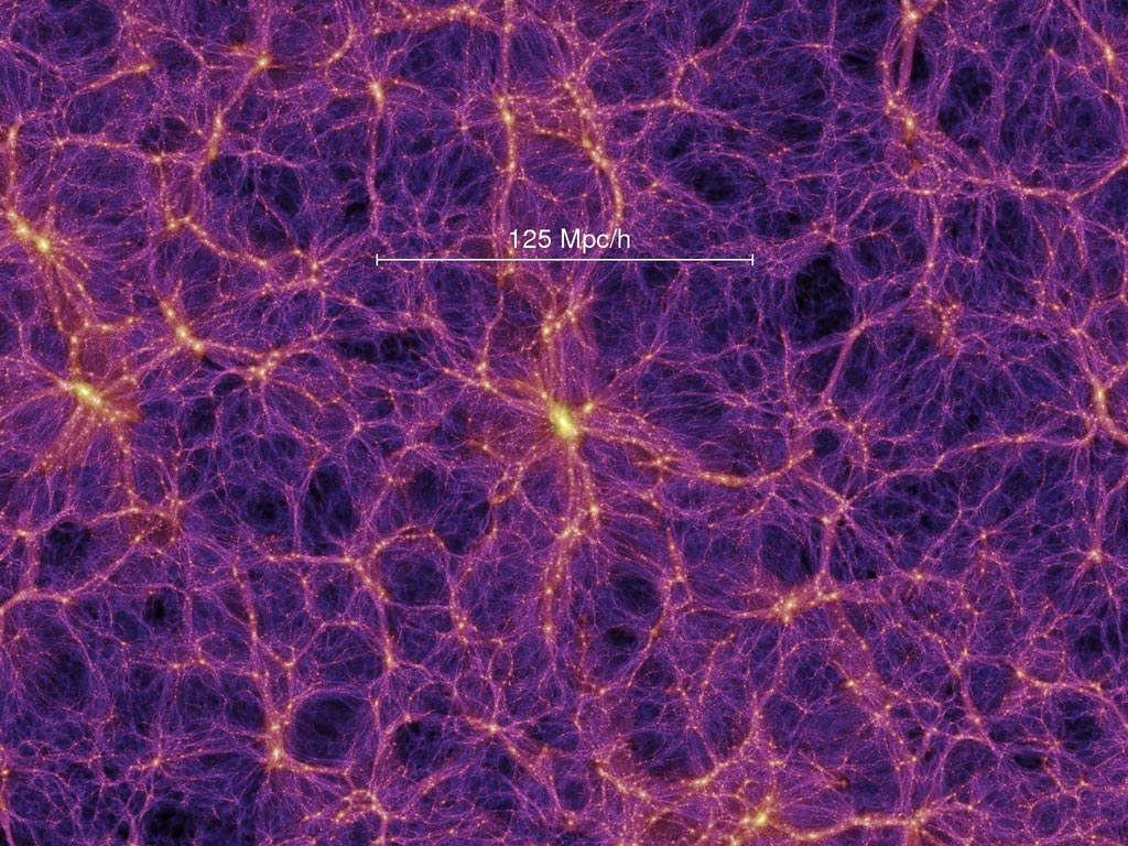 Image of the large-scale structure of the Universe, showing filaments and voids within the cosmic structure. Credit: Millennium Simulation Project. Now, the latest FLAMINGO simulation provide more detail about the evolution of the Universe within these structures.