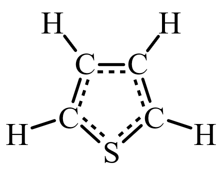 The thiophene molecule. Image Credit: By Jynto - Own work, Public Domain, https://commons.wikimedia.org/w/index.php?curid=11357639