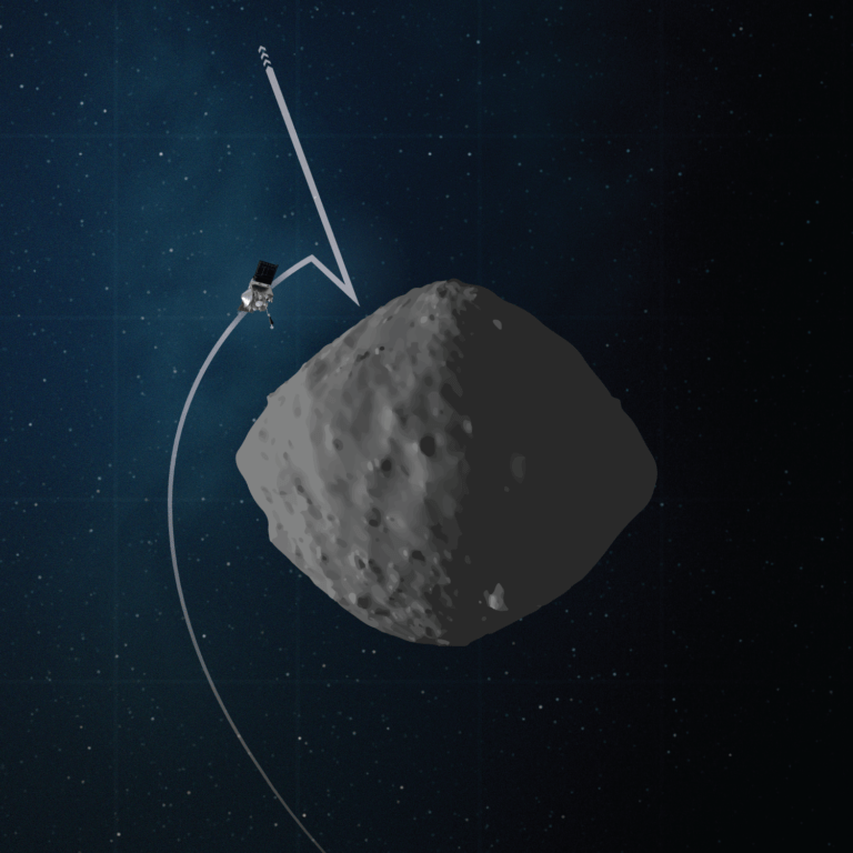 This artist’s concept shows the trajectory and configuration of NASA’s OSIRIS-REx spacecraft during Checkpoint rehearsal, which was the first time the mission practiced the initial steps of collecting a sample from asteroid Bennu. Credit: NASA/Goddard/University of Arizona
