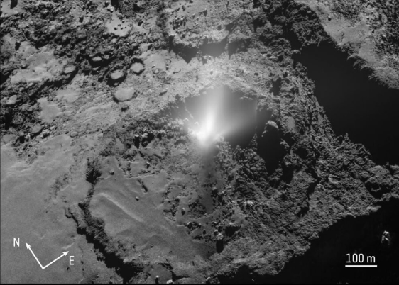 This image was captured by Rosetta's OSIRIS wide-angle camera in July 2016. A plume of material is clearly visible. Image Credit:  ESA/Rosetta/MPS for OSIRIS Team MPS/UPD/LAM/IAA/SSO/INTA/UPM/DASP/IDA.  CC BY-SA 3.0 IGO 