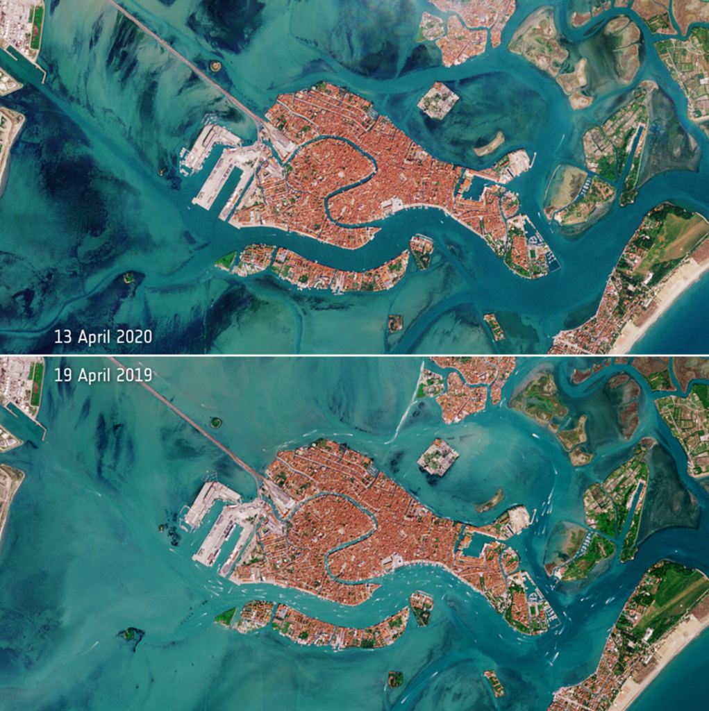 <Click to enlarge.> The waterways in Venice during Easter weekend 2020 are empty, compared to the same region one year ago. Image Credit: contains modified Copernicus Sentinel data (2019-20), processed by ESA, CC BY-SA 3.0 IGO 
