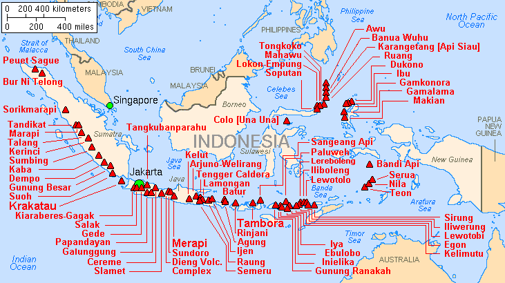 Indonesia is in the Pacific Rim of Fire region, and is home to hundreds of volcanoes. About 130 0f them are active. Image Credit: By Lyn Topinka, USGS; base map from CIA, 1997; volcanoes from Simkin and Siebert, 1994 - Archived source link, Public Domain, https://commons.wikimedia.org/w/index.php?curid=25613
