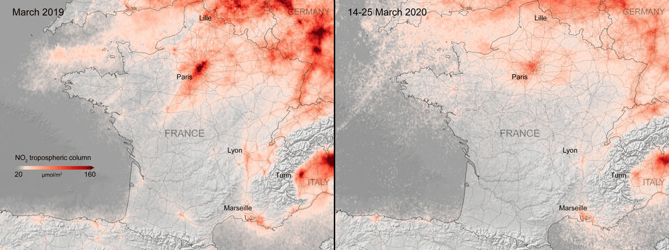 Nitrogen dioxide concentrations over France. Image Credit: ESA