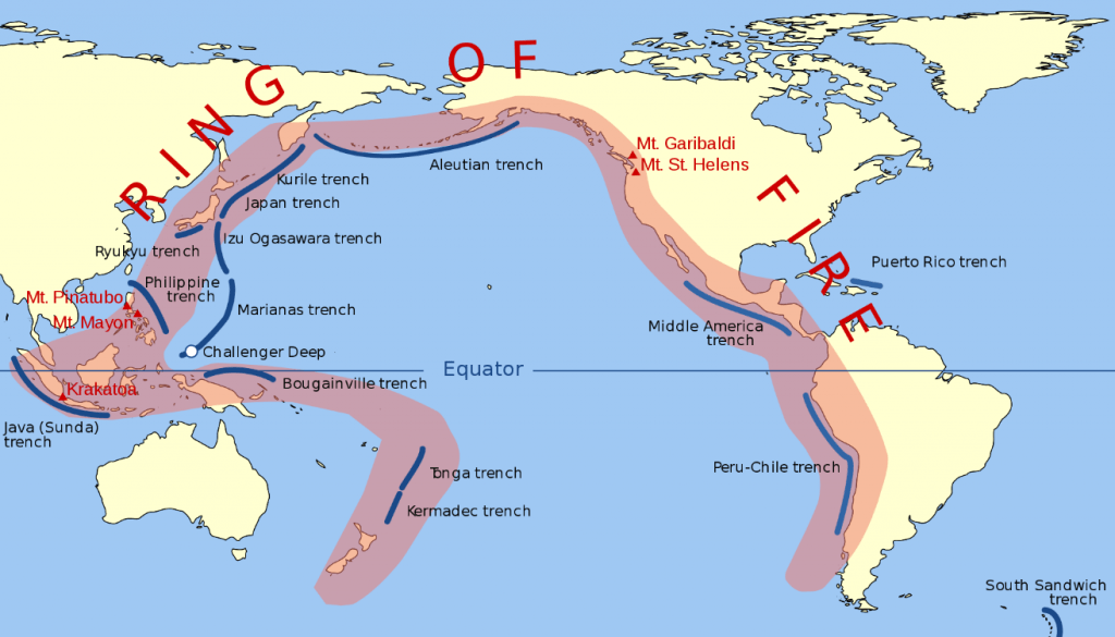 The Pacific Ring of Fire. Image Credit: By Gringer (talk) 23:52, 10 February 2009 (UTC) - vector data from [1], Public Domain, https://commons.wikimedia.org/w/index.php?curid=5919729