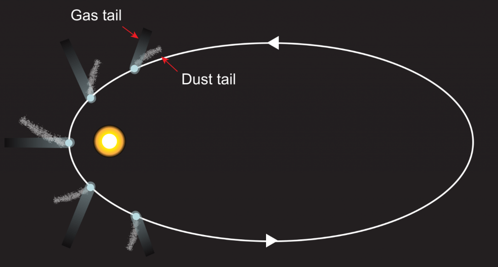 A comet's gas tail and dust tail are separate from each other. Image Credit: By ?????? - Own work, CC BY-SA 4.0, https://commons.wikimedia.org/w/index.php?curid=49018539