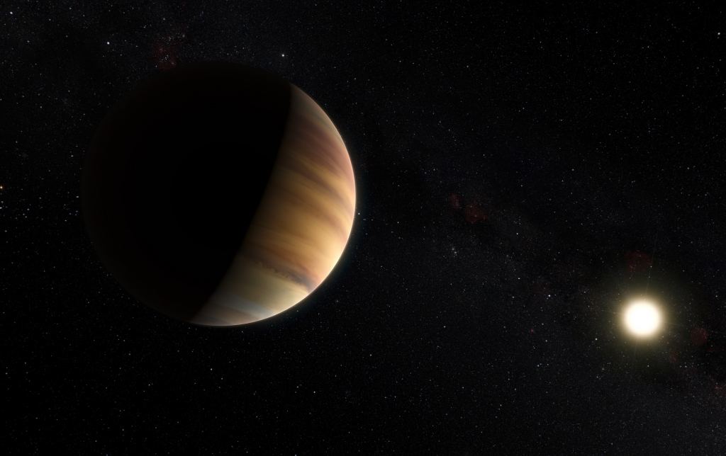 This artist’s view shows the hot Jupiter exoplanet 51 Pegasi b, sometimes referred to as Bellerophon, which orbits a star about 50 light-years from Earth in the northern constellation of Pegasus (The Winged Horse). Astronomers found it in 1995, and it was the first hot Jupiter they discovered. Twenty years later this object was also the first exoplanet to be directly detected spectroscopically in visible light. Image Credit: NASA