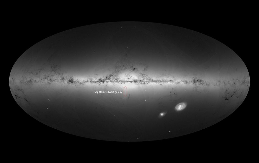 This image shows the Milky Way according to data from the ESA's Gaia spacecraft. The Milky Way is consuming the Sagittarius dwarf galaxy, a collection of four globular clusters. Image Credit: By ESA/Gaia/DPAC, CC BY-SA 3.0 igo, https://commons.wikimedia.org/w/index.php?curid=77752828