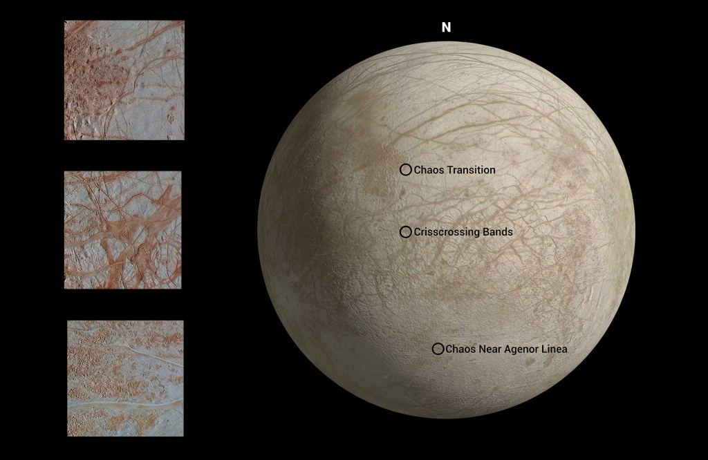 This map of Europa shows the locations where each of the three new images was captured. Together, they showcase a variety of features on the moon: Crisscrossing Bands, a Chaos Transition region, and a Chaos region near Agenor Linea features. The three images were captured by Galileo during its eighth targeted flyby of Jupiter's moon Europa, and have been re-processed for better detail. Image Credit: NASA/JPL-Caltech