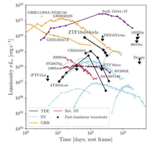 A graph from the paper examining The Koala. It compares radio emissions from Koala, The Cow, and CSS161010, and other sources of radio emissions. Yellow lines are gamma ray bursts, purple lines are tidal disruption events (when a black hole destroys a star), light blue are supernovae, and red are another particular type of supernova. The three black lines represent the three FBOTs, showing bright radio emissions. Image Credit: Ho et al, 2020.