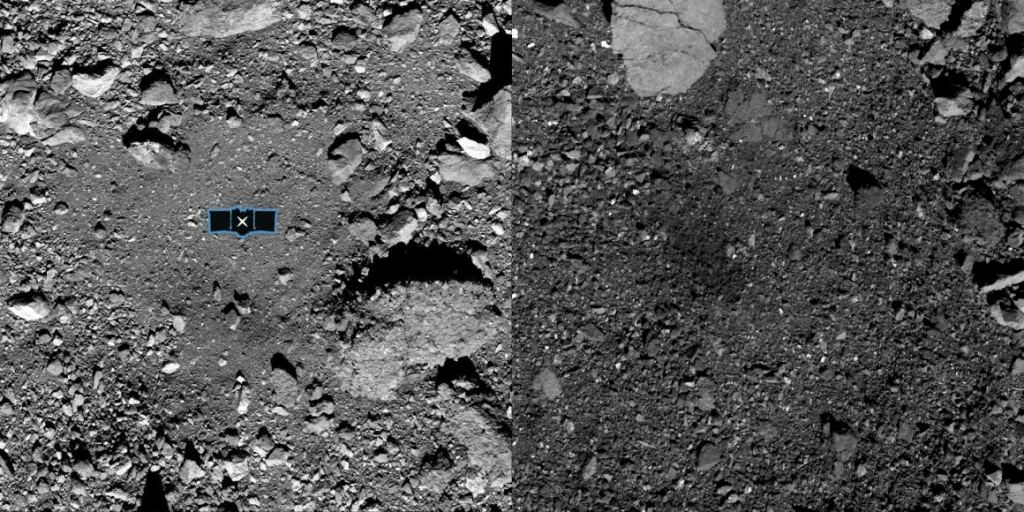 OSIRIS-REx sampling sites on Bennu. On the left is Nightingale, the primary site. On the right is Osprey, the backup site. Image Credit: NASA/GSFC/University of Arizona.