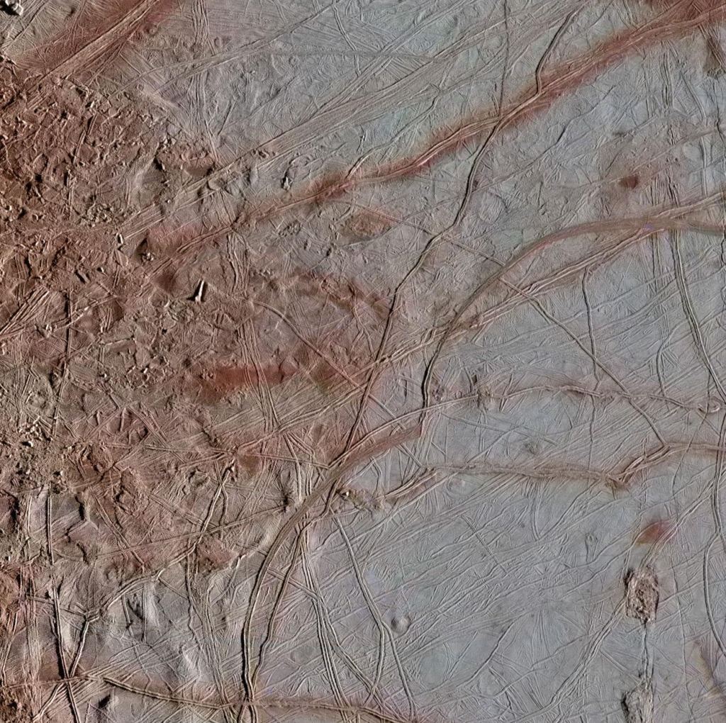 This image of an area called Chaos Transition shows blocks that have moved and ridges possibly related to how the crust fractures from the force of Jupiter's gravity. Image Credit: NASA/JPL-Caltech/SETI Institute