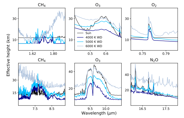 This image from the study shows some of the spectra in the toolkit. Each of the six boxes presents spectra for different elements in a planet's atmosphere, and also shows what each one would look like around a white dwarf of a different age and temperature. Image Credit: Kozakis et al, 2020.