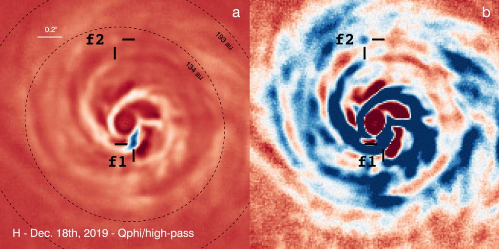 The disk is an elaborate structure, and astronomers observed many other structures within it. Two of them were of particular interest, marked f1 and f2 in this image. Both of these are SPHERE images, each one with a different intensity threshold. Image Credit: Boccaletti et al, 2020.