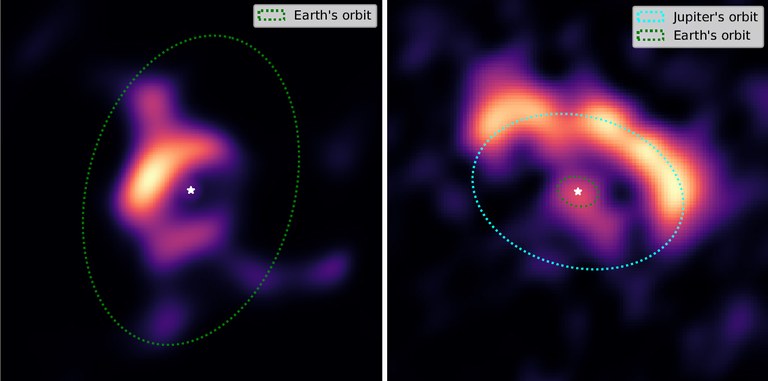The protoplanetary disks around the R CrA (left) and HD45677 (right) stars, captured with ESO’s Very Large Telescope Interferometer. The orbits are added for reference. The star serves the same purpose, since its light was filtered out to get a more detailed image of the disk. Credit: Jacques Kluska et al.