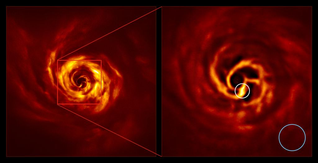 The images of the AB Aurigae system showing the disc around it. The image on the right is a zoomed-in version of the area indicated by a red square on the image on the left. It shows the inner region of the disc, including the very-bright-yellow ‘twist’ (circled in white) that scientists believe marks the spot where a planet is forming. This twist lies at about the same distance from the AB Aurigae star as Neptune from the Sun. The blue circle represents the size of the orbit of Neptune. The images were obtained with the SPHERE instrument on ESO’s Very Large Telescope in polarised light. Image Credit: ESO/Boccaletti et al, 2020