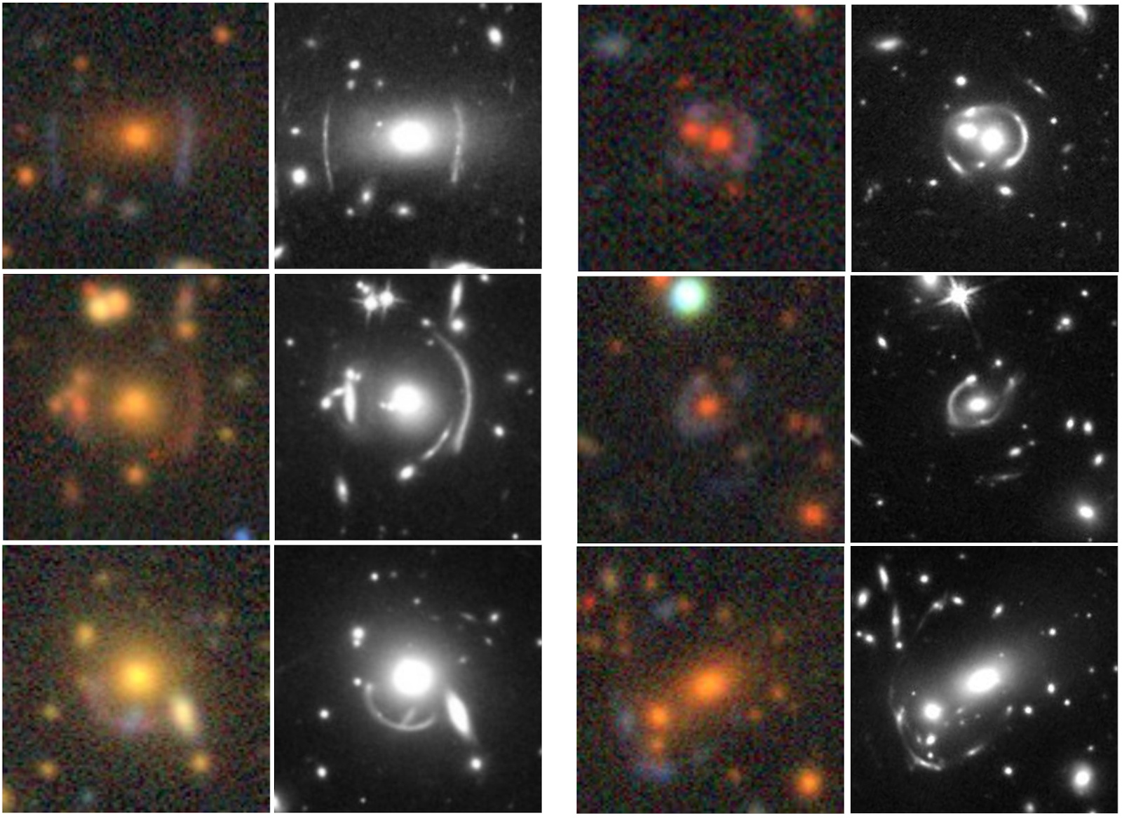 These two columns show side-by-side comparisons of gravitational lens candidates imaged by the ground-based Dark Energy Camera Legacy Survey (color) and the Hubble Space Telescope (black and white). (Credit: Dark Energy Camera Legacy Survey, Hubble Space Telescope)