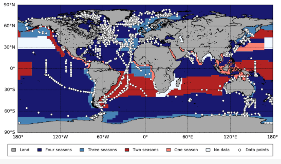 Sample locations for photosynthesis versus irradiance (P-I) experiments obtained from databases and literature with seasonal coverage in each biogeographic province. A total of 8676 P-I experiments were used in the present study, covering 53 biogeographic provinces and 96.6% of the world’s ocean. High seasonal data coverage was obtained for 37 provinces (3–4 seasons, 79.9% coverage). Image Credit: Kulk et al, 2020.