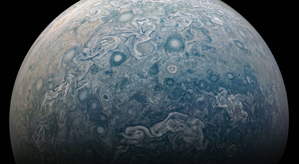 A Juno image of Jupiter showing a folded filamentary region. It's a stormy and chaotic region in the planet's northern hemisphere. Image Credit: Image data: NASA/JPL-Caltech/SwRI/MSSS
Image processing by Kevin M. Gill, © CC BY