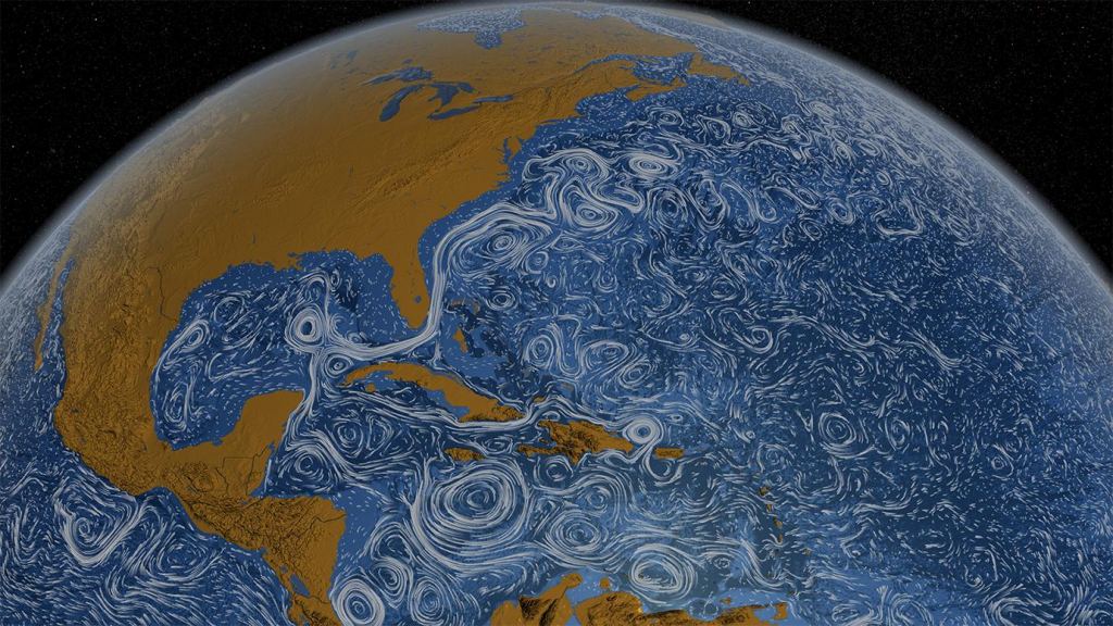 A visualization of the ocean surface currents of the Gulf Stream.
Credit: NASA/Goddard Space Flight Center Scientific Visualization Studio, Public Domain, https://commons.wikimedia.org/w/index.php?curid=37108971