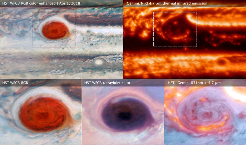 The above images of Jupiter's Great Red Spot were made using data collected by the Hubble Space Telescope and the Gemini Observatory on April 1, 2018. By combining observations captured at almost the same time from the two different observatories, astronomers were able to determine that dark features on the Great Red Spot are holes in the clouds rather than masses of dark material. Image Credit: NASA, ESA, and M.H. Wong (UC Berkeley) and team.