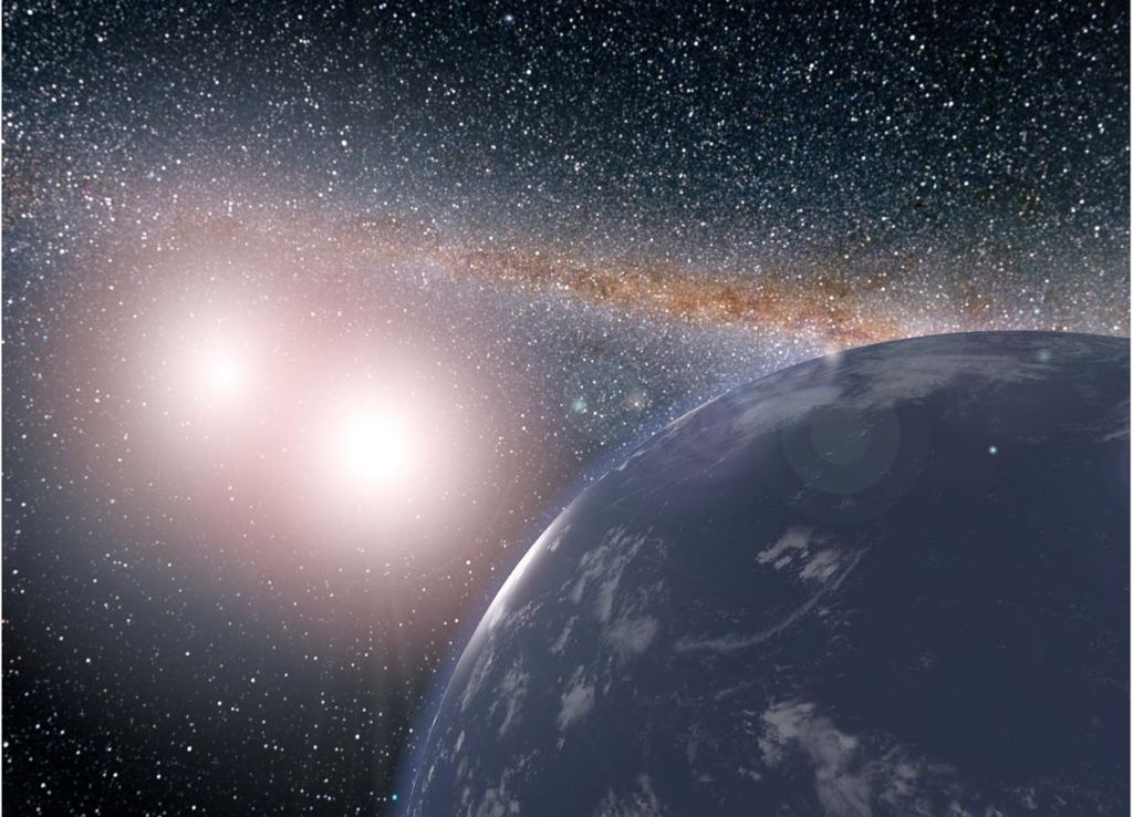 This artist's concept shows a hypothetical planet covered in water around the binary star system of Kepler-35A and B. If differences in chemical compositions in stars stem from their earliest days of formation, then those differences must affect the types of planets that form around them. (Image by NASA/JPL-Caltech.)