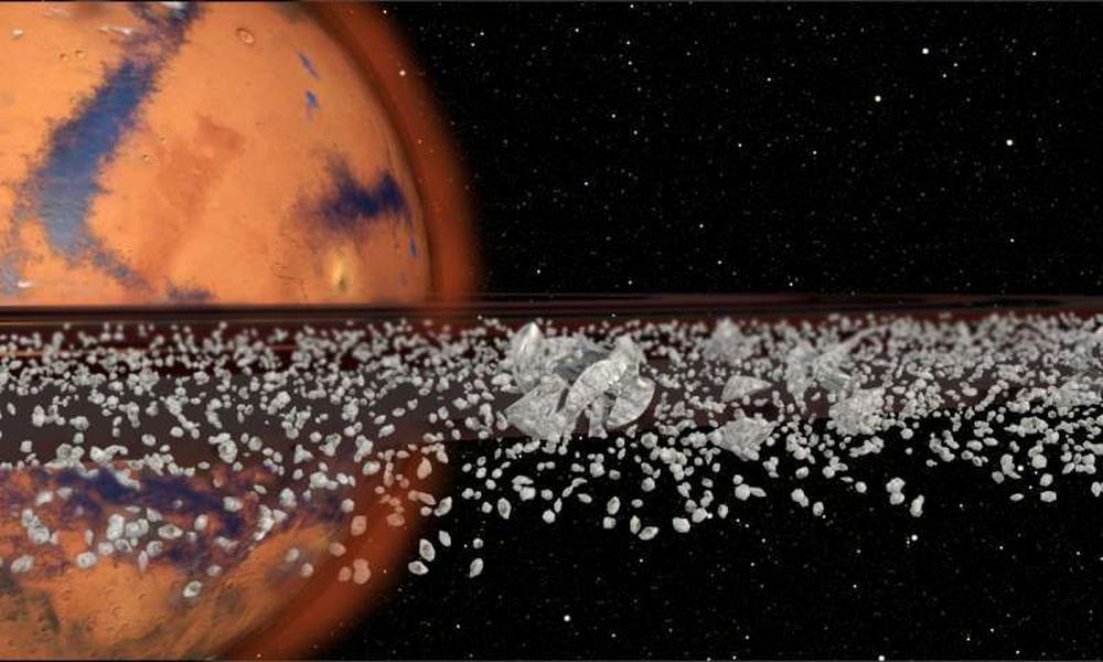 Illustratie van Mars met een puinring.  Afbeelding tegoed: SETI