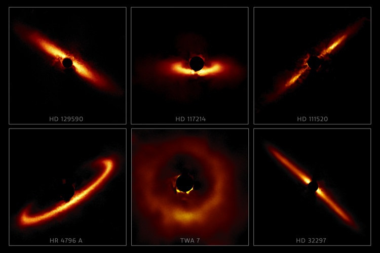 Six of the 26 circumstellar disks from the Gemini Planet Imager survey, highlighting the diversity of shapes and sizes these disks can take and showing the outer reaches of star systems in their formative years. (Image by the International Gemini Observatory, NOIRLab, NSF, AURA and Tom Esposito, UC Berkeley. Image processing by Travis Recto, University of Alaska Anchorage, Mahdi Zamani and Davide de Martin.)