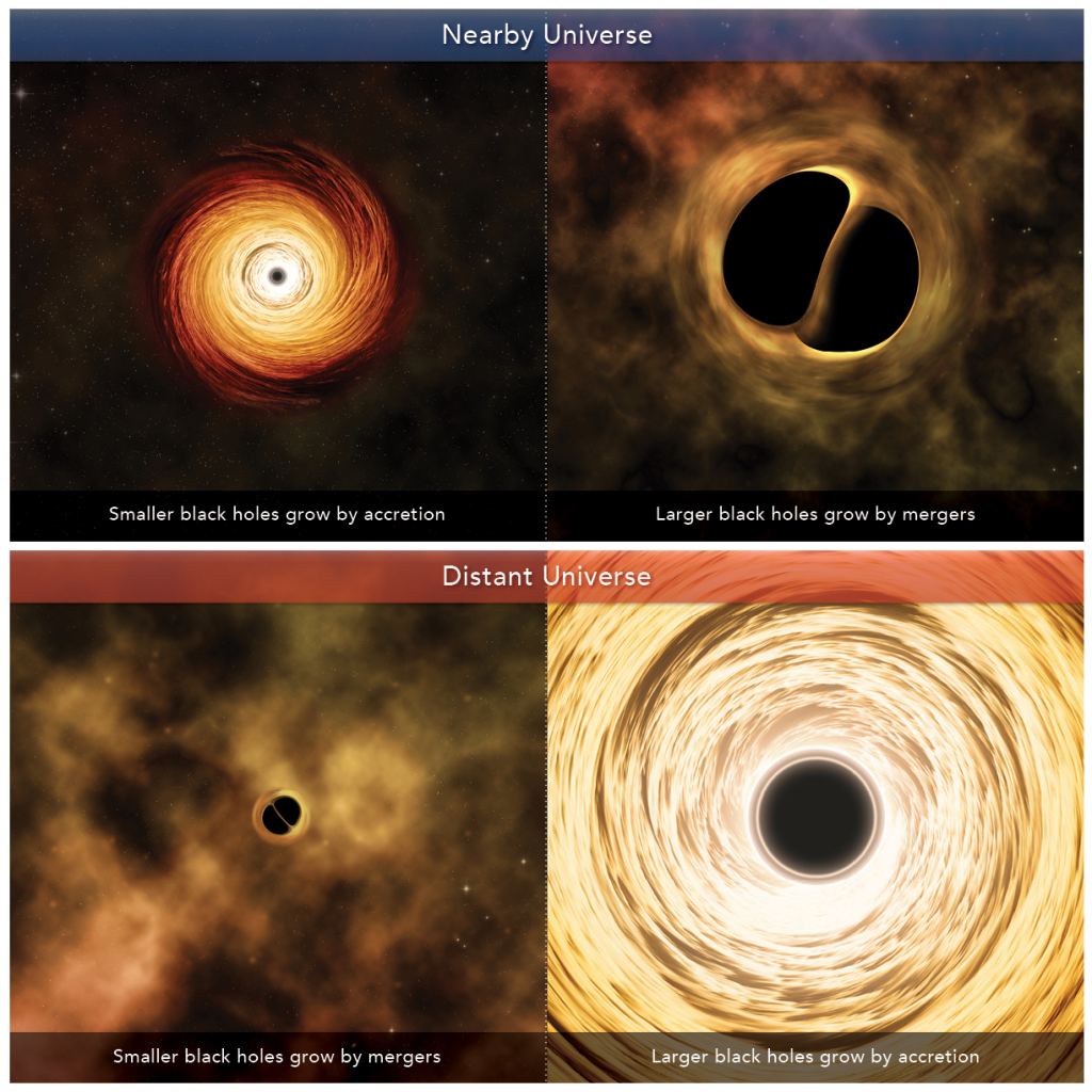 A new simulation of black hole growth shows the different ways that they grow in different scenarios. In the nearby Universe, small black holes grow by accretion, while large ones grow via mergers. In the distant Universe, the reverse is true: small one grow via mergers, while large ones grow through accretion. Image Credit:  Credit: M. Weiss