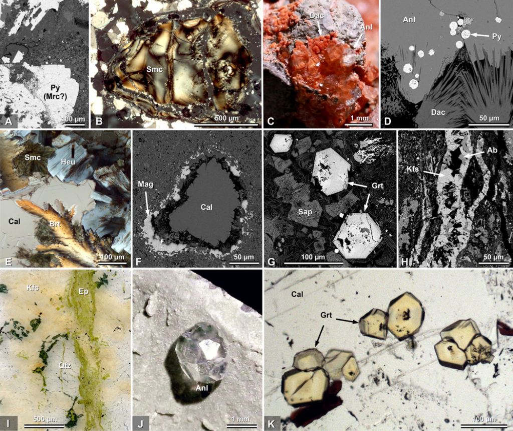 An image from the study showing hydrothermally altered minerals in the core sample. The images are from the shallowest part of the core (top left) to the deepest part of the core (bottom right.) C is Red Na-dachiardite, a mineral found in hydrothermal systems around the world, including the Yellowstone Caldera. For more detailed descriptions, see the study. Image Credit: Kring et al, 2020. 