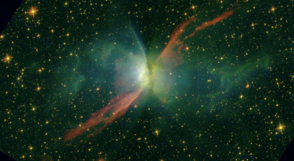 An image from the study. Color overlay of Cycle 27 HST/WFC3 narrow-band images of NGC 6302, the Butterfly Nebula. Filter F343N ([Ne v]) is blue, F128N (Pa?) is green, and F164N ([Fe ii]) is red. North is up and east is to the left. Image Credit: NASA/ESA/Hubble, Kastner et al, 2020.