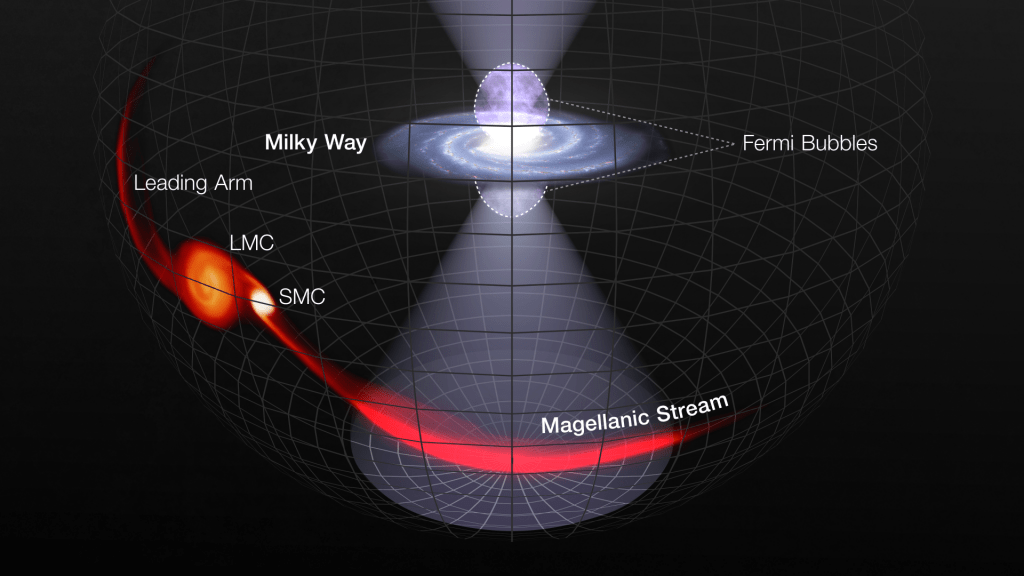 An llustration showing the Magellanic Clouds, the Stream and Leading Arm, the Milky Way, and the Fermi Bubbles. Image Credit: NASA, ESA, and L. Hustak (STScI)