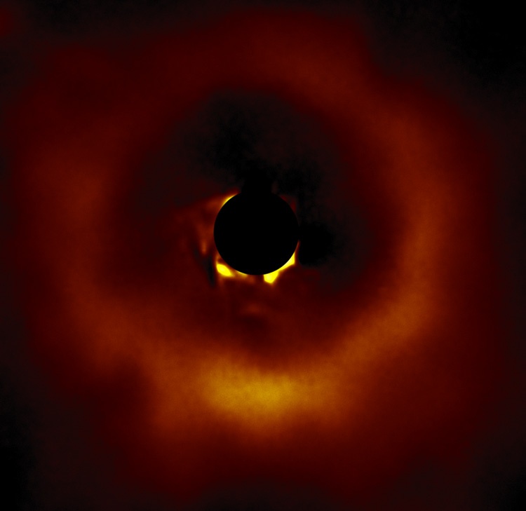 Circumstellar disk around star TWA 7, one of 26 disks observed by the Gemini Planet Imager. (Image by the International Gemini Observatory, NOIRLab, NSF, AURA and Tom Esposito, UC Berkeley. Image processing by Travis Recto, University of Alaska Anchorage, Mahdi Zamani and Davide de Martin.)