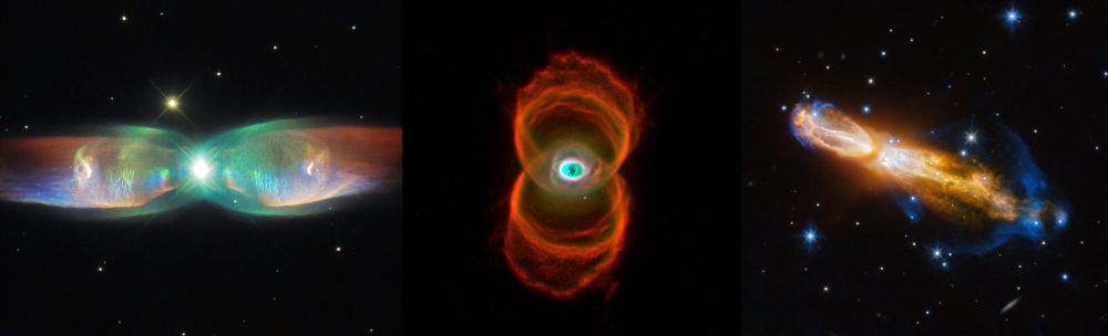Many planetary nebula have a roughly symmetrical shape. From left to right: the Twin Jet Nebula, the Hourglass Nebula, and the Calabash Nebula. Image Credits: NASA/ESA/Hubble.