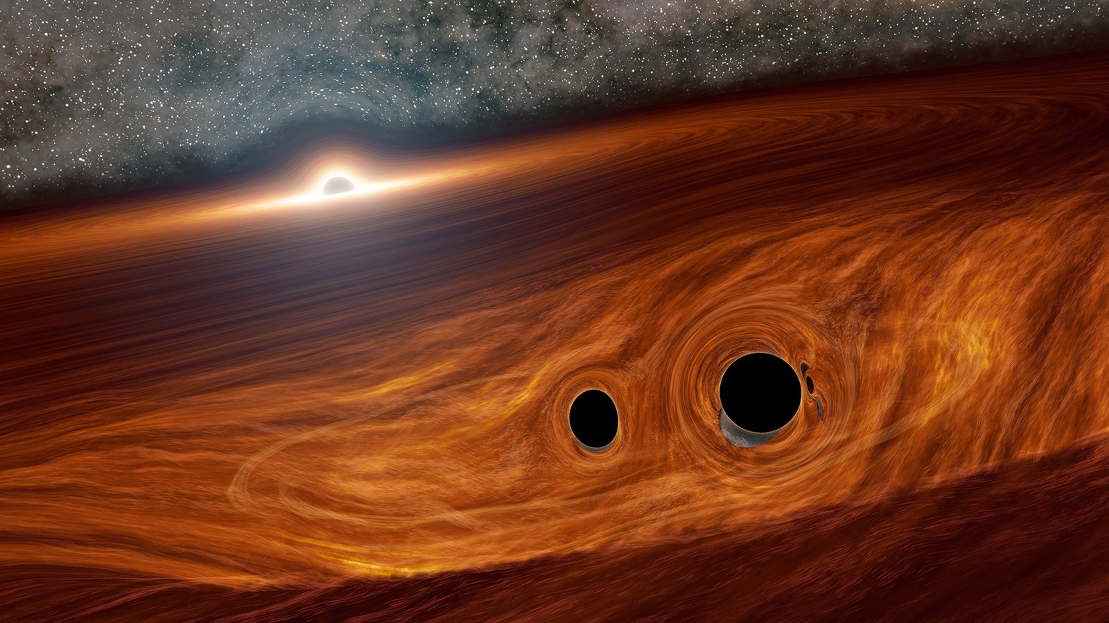 Artist's concept of a supermassive black hole and its surrounding disk of gas. Embedded within this disk are two smaller black holes orbiting one another.