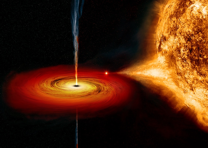 An artist's illustration of a black hole pulling material away from its companion star. Some of the material will be drawn over the black hole's event horizon, some will be drawn into the accretion disk. The illustration shows the black hole's accretion disk, and the relativistic jets of material shooting out of it. In the MAXI J1820+070 system, the black hole is actually 16 times more massive than the star. Image Credit: NASA/CXC/M.Weiss