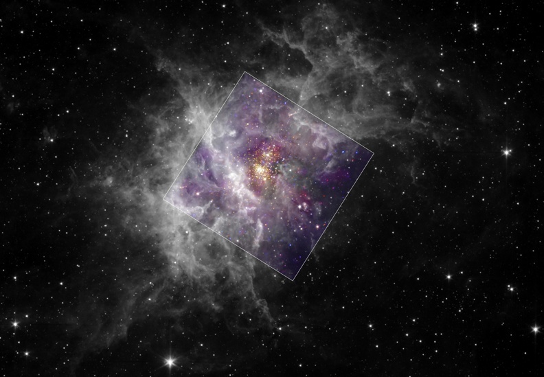 Westerlund 2 is in the center of this image, where the bright young stars are clearly visible. The surrounding gaseous, wispy structure is a star-forming nebula called RCW 49. This is a composite image. Infrared data from the Spitzer space telescope is shown in black and white, while Chandra x-ray data is shown in color, highlighting the dominant stars in the core of Westerlund 2. Image Credit:  X-ray; Y.Nazé, G.Rauw, J.Manfroid (Université de Liège), CXC, NASA Infrared; E.Churchwell (University of Wisconsin), JPL, Caltech, NASA. Public Domain.