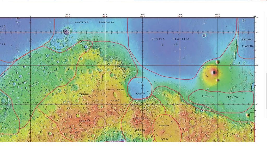 A MOLA map showing boundaries for Utopia Planitia and other regions. <Click to enlarge.> Image Credit: By Jim Secosky modified NASA image. - http://planetarynames.wr.usgs.gov/images/mola_regional_boundaries.pdf, Public Domain, https://commons.wikimedia.org/w/index.php?curid=38537689