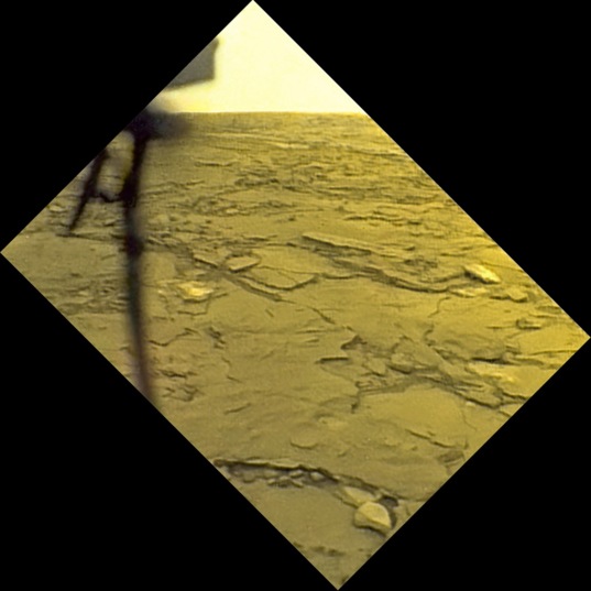 A Venera 14 image of Venus' surface. The image shows lava plates and hellish light. This image from the lander was processed by Ted Stryk. Image Credit: Russian Academy of Sciences / Ted Stryk