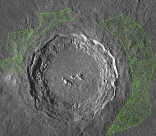 The Copernicus crater with the 860 smaller craters in its ejecta shown in green. The image is from the Terrain Camera on JAXA's Kaguya spacecraft. Image Credit: Osaka University/Terada et al, 2020.